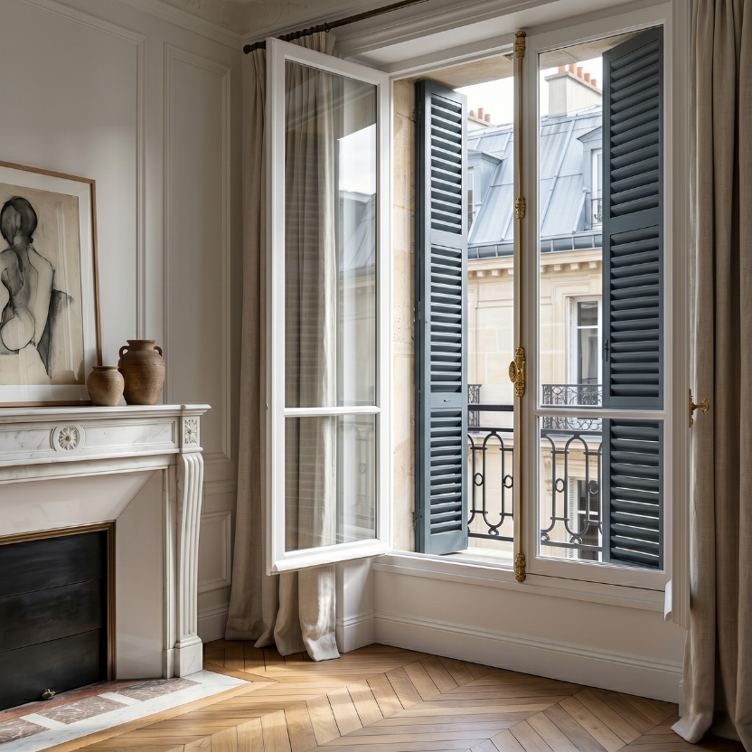 appartement parisienne fenetre ouverte vue sur les persiennes