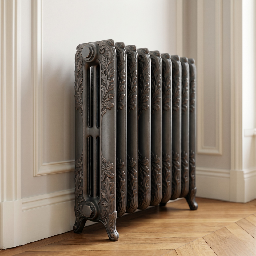 radiateur feuille de chene en fonte sur parquet pointe de Hongrie